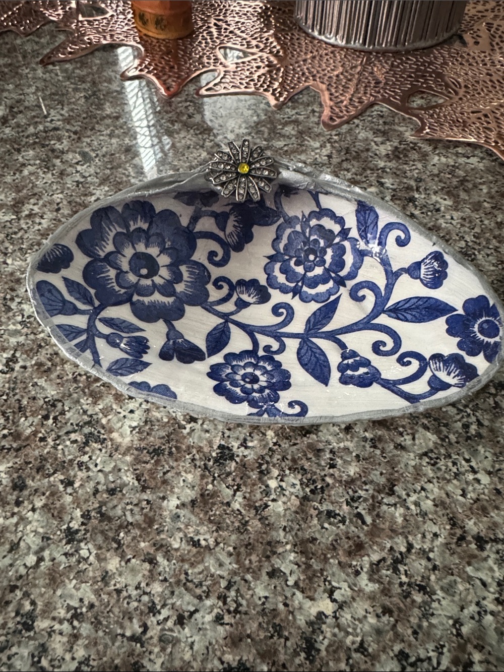 Decorative Blue Floral shell trinket dish